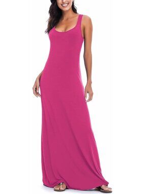 Women's Pink Sexy Tank Top Maxi Long Dress Casual Sleeveless Summer Beach Dress